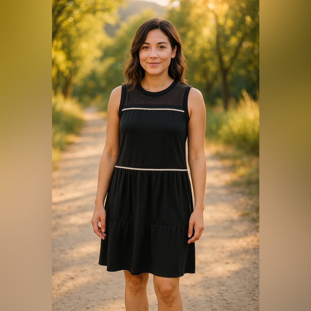 Comptoir des Cotonniers Black Dress.  Mesh and Ivory Trim Detail.